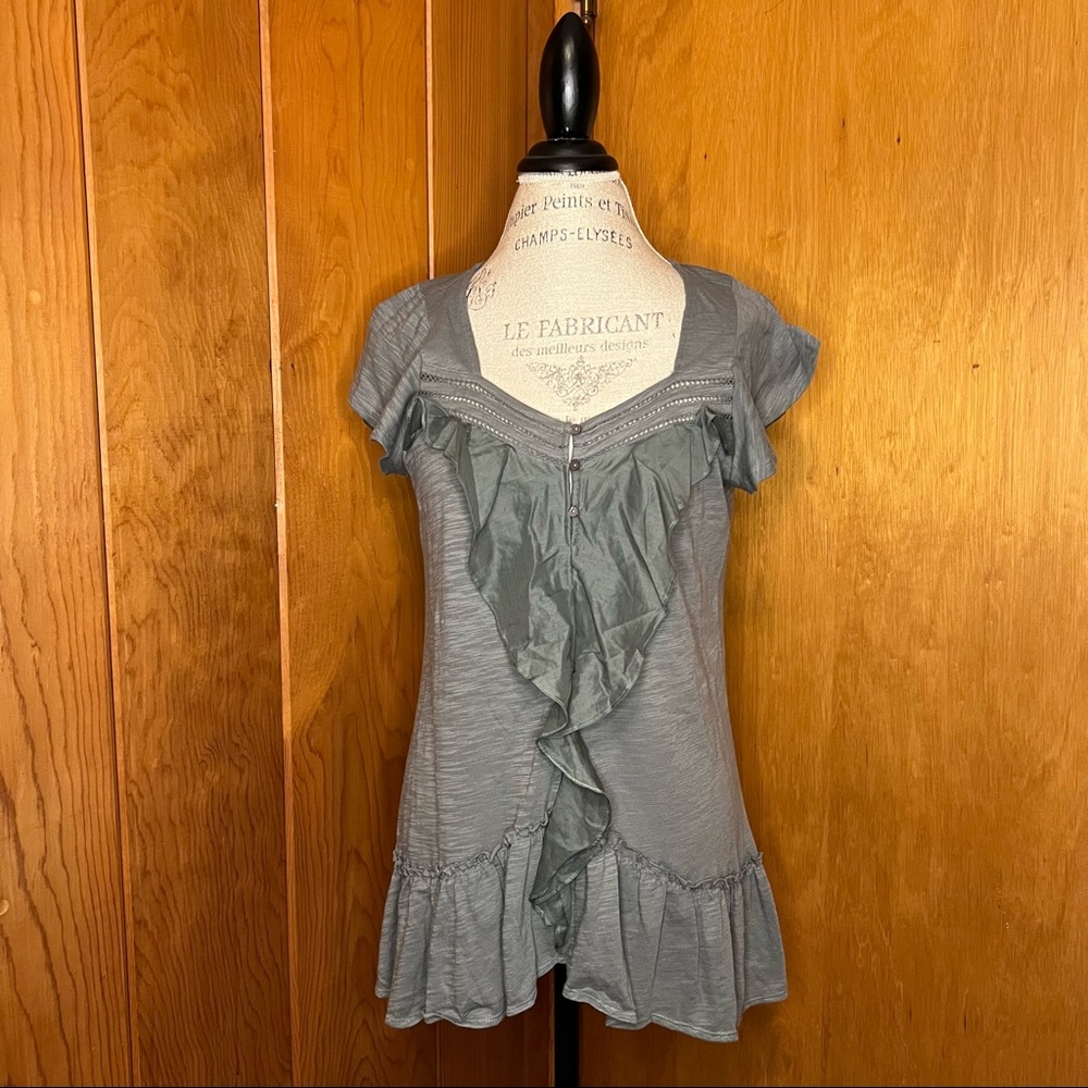 Anthropologie Gray-Green Cotton Ruffle Tunic Size M